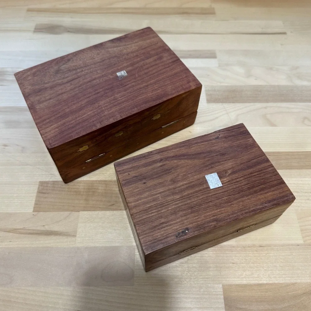Vintage Wooden Brass Inlaid Boho Hinged Velvet Lined Trinket Boxes Lot of 2